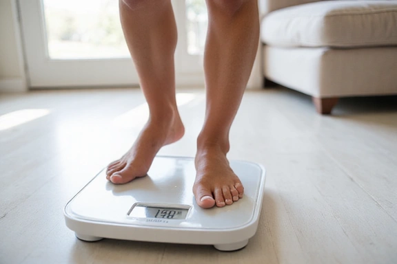 Person auf der Waage, die ein Lächeln zeigt